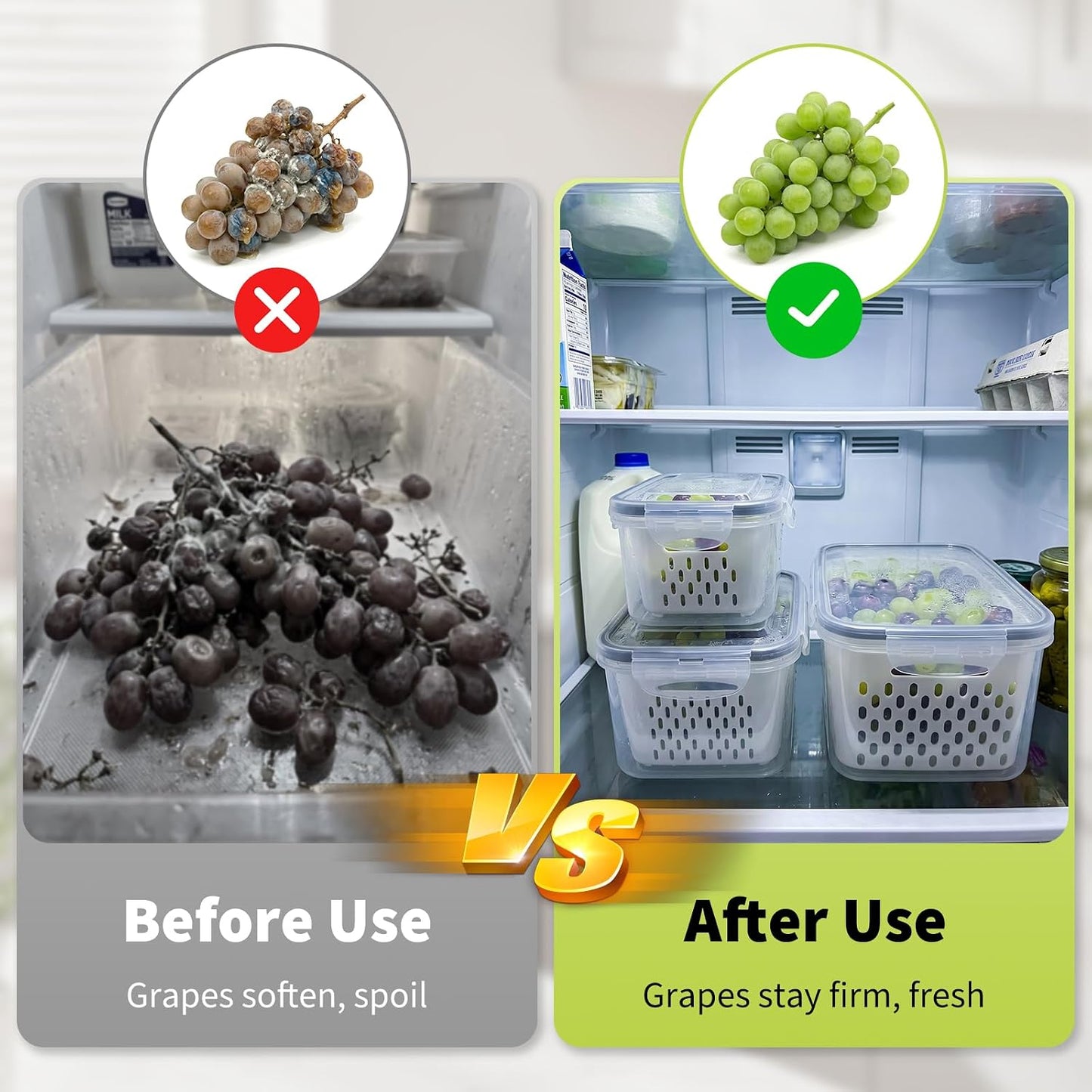 Fruit Storage Containers for Fridge, Grape Organizers with Removable Colander, 3-Pack No-Leak Design, Durable and Easy to Clean, Keeps Grapes Fresh, Perfect for Fridge Storage and Organization