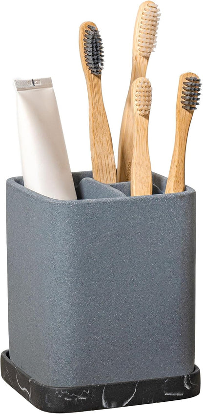 Marble Look Toothbrush Holder for Bathroom Countertop Organizer, Holds Toothpaste, Dental Floss, Razor, Comb, Makeup Brushes, and More, Stylish Bathroom Accessory for Tooth Brushing Essentials