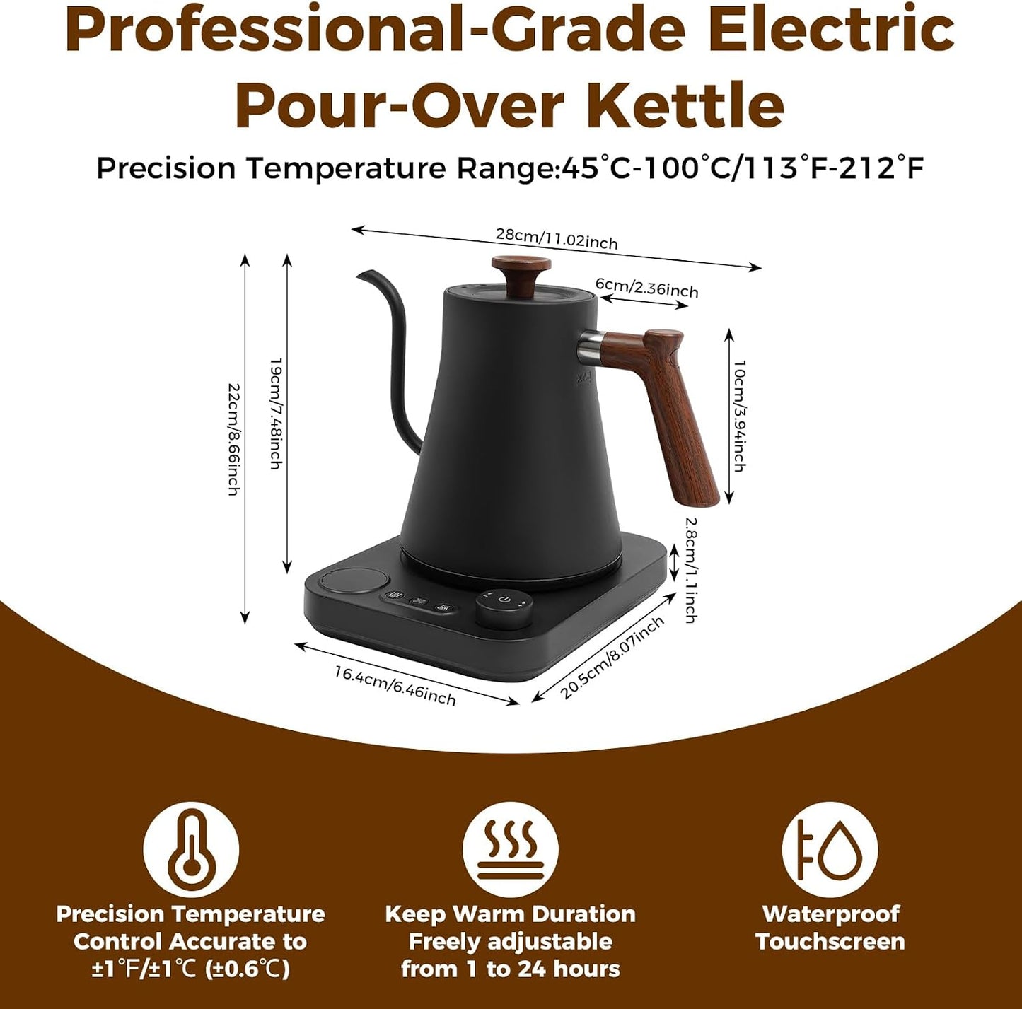 Gooseneck Electric Tea Kettle with Pour Over Pot with LED & Precise 1°F Temp Control,Keep Warm, Hot Water Kettle for Home/Office 304 Stainless Steel (White)