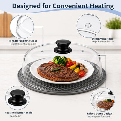 Glass Microwave Cover for Food, Tall Microwave Splatter Cover with Silicone Mat, Vent Holes, BPA Free, Dishwasher Safe, 10 Inch, High Borosilicate Glass Plate Lid with Side Tabs