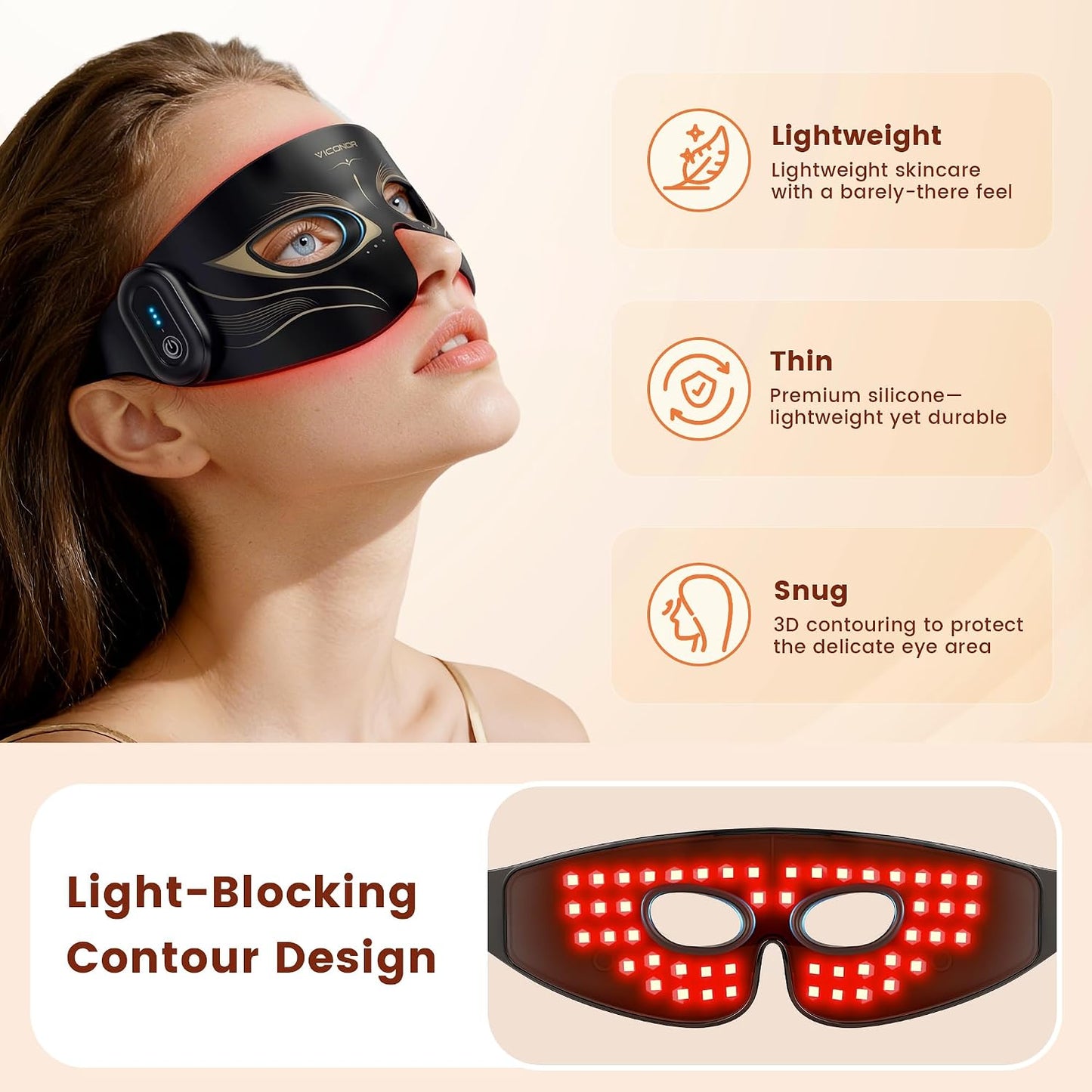 Viconor Red Light Therapy for Eyes, Infrared Red Light Therapy for Eye Bag | 630nm Red Light & 850nm Infrared Red Light Therapy Device for Wrinkles, Red Light Eye Mask with Rechargeable Remote