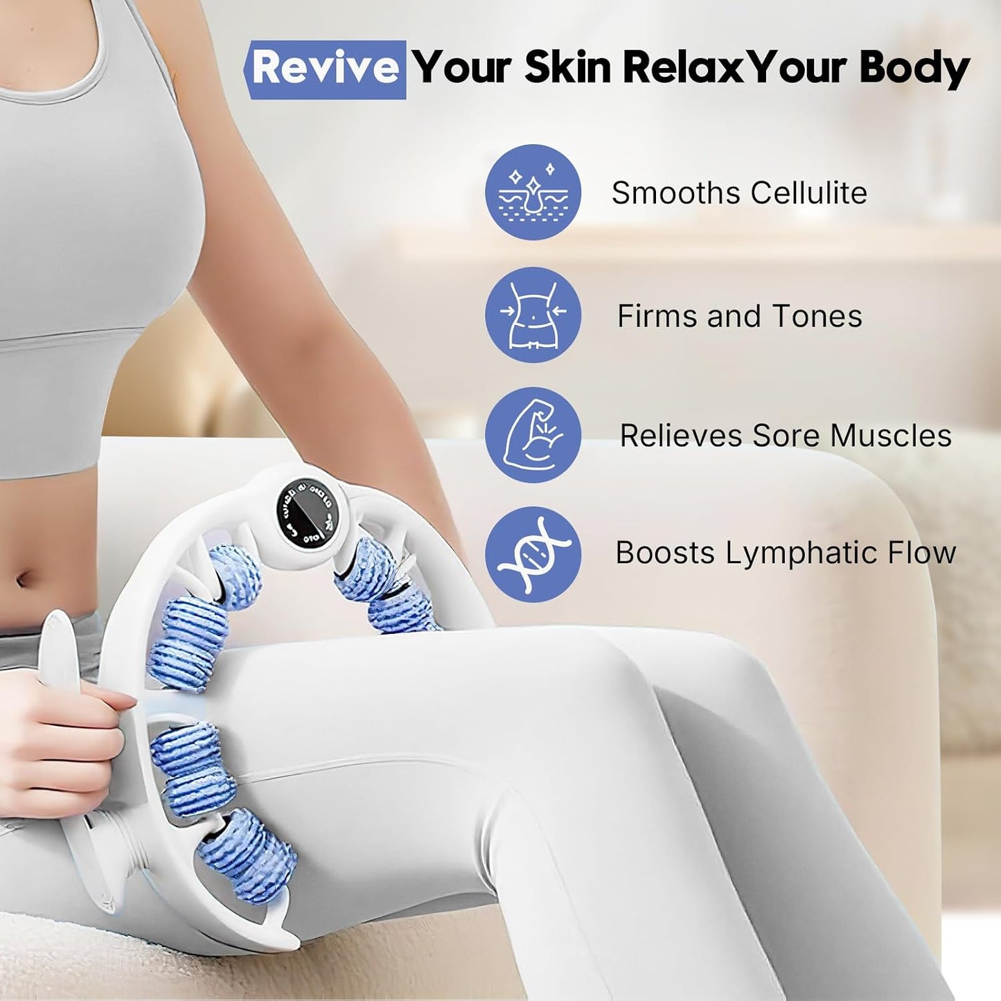 Anti-Cellulite Massage Roller with Handles for Legs & Thighs | Textured roller with detachable handles for legs, thighs and buttocks; compact design for easy storage.