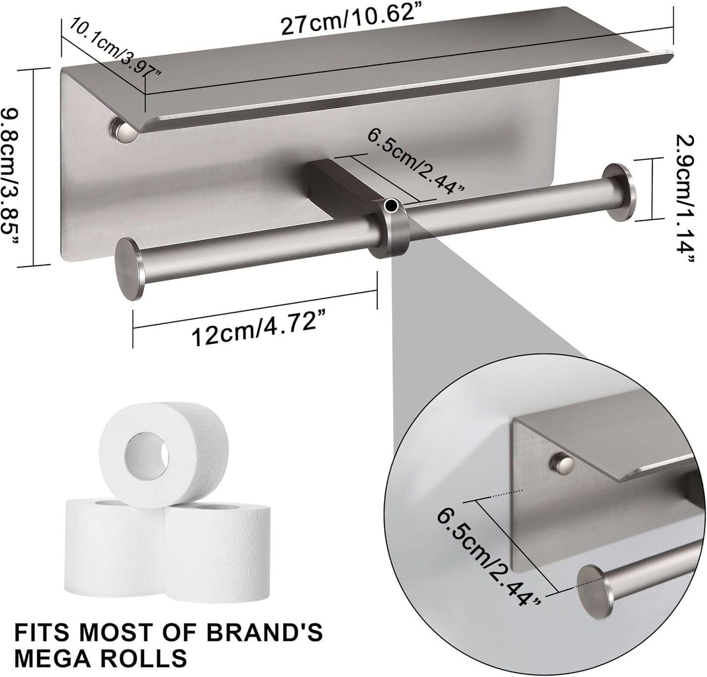 Black Toilet Paper Roll Holder with Shelf Wall Mounted for Bathroom (Black, Double Head)