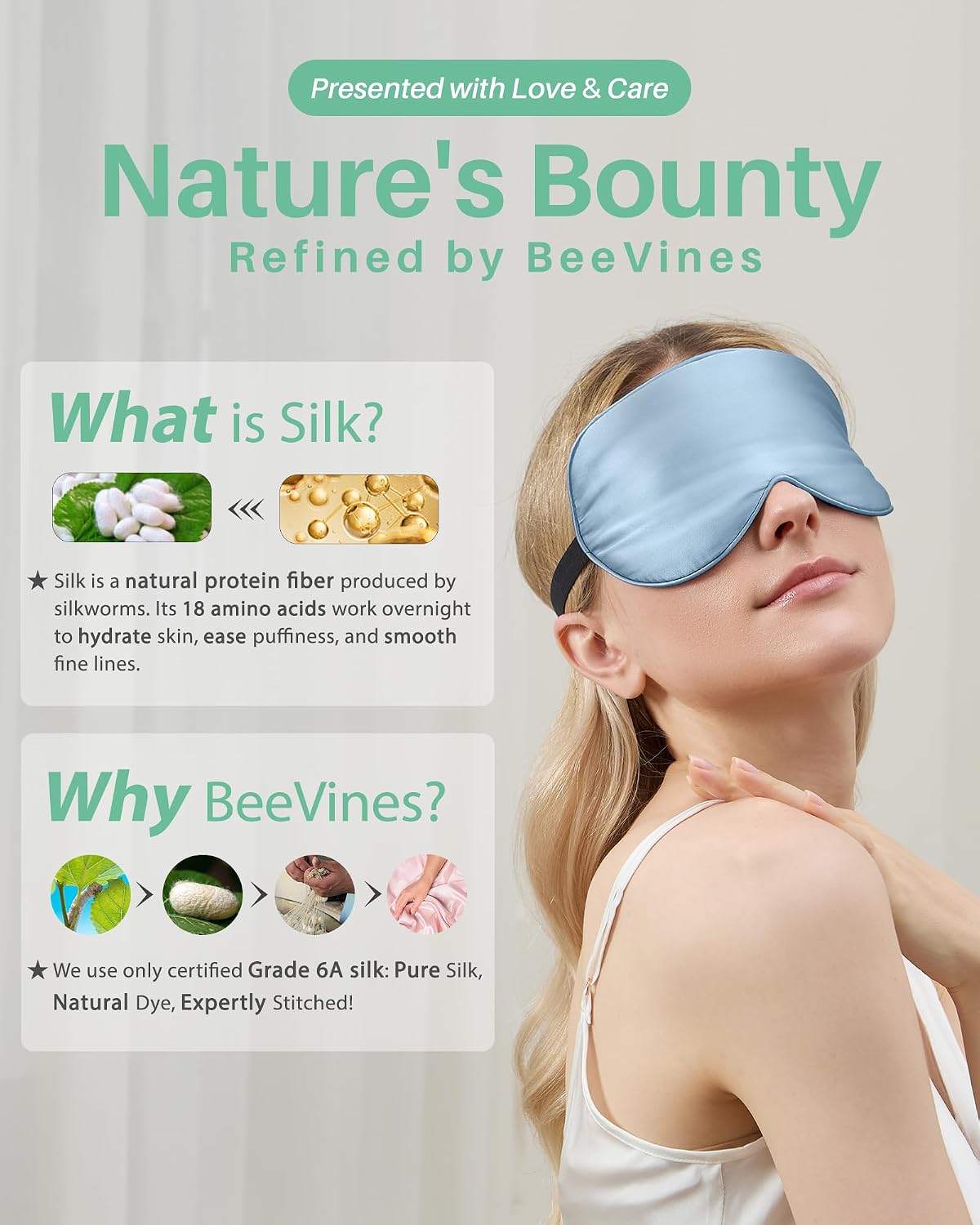 BeeVines 100% Mulberry Silk Sleep Mask, Light Blocking Eye Masks (2 Packs)