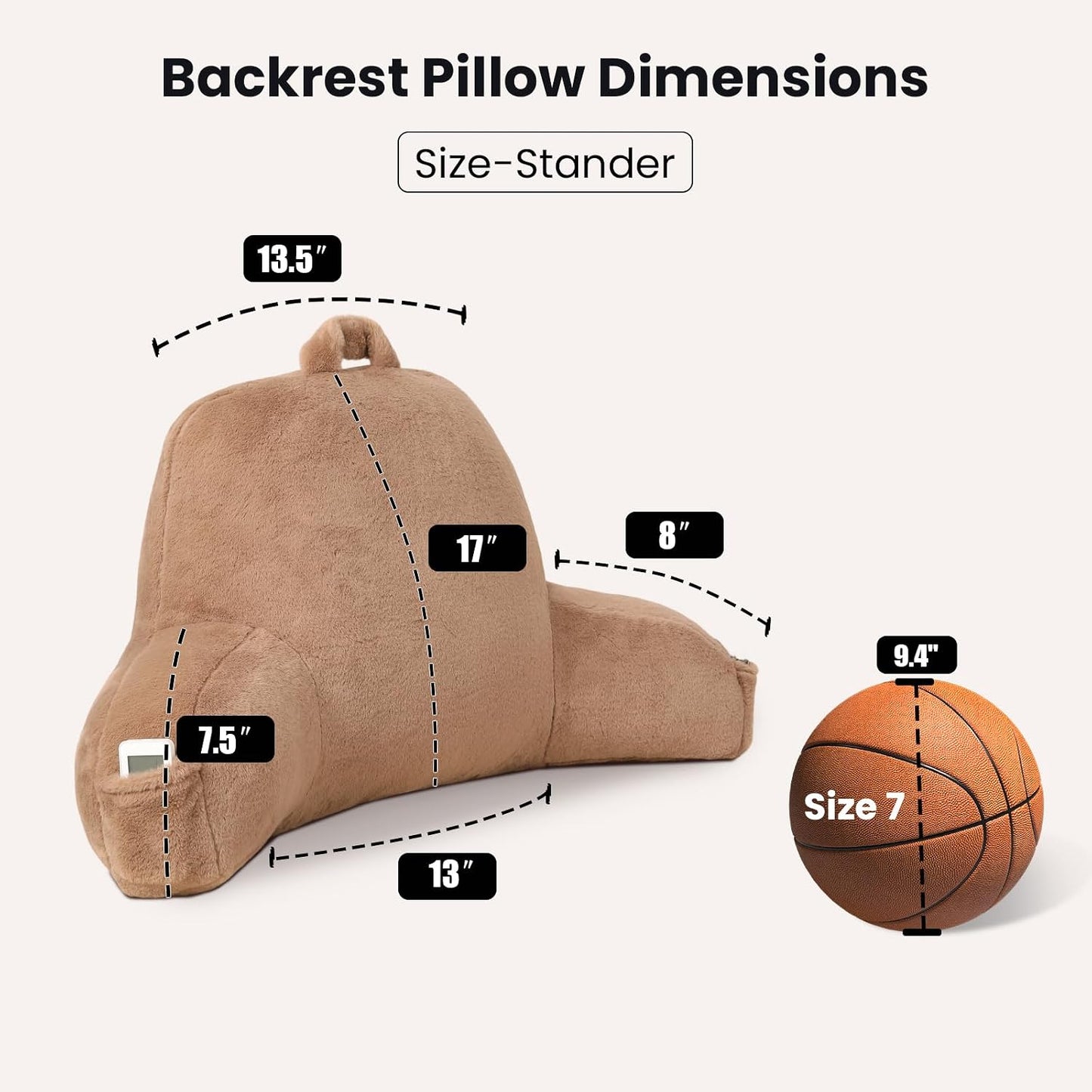 Reading Pillow with Arms for Sitting in Bed,Backrest,White Flannel,M | 17" Backrest Supports Back for College Students,Elbows & Forearms for Dorm Reading,Gaming,Watching TV
