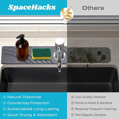 SpaceHacks Stone Faucet Mat for Kitchen Sink 23.7x4 in, Light Gray | Fast Drying Diatomite Stone Drying Mat, Water Splash Guard, Textured Drainage Sink Protector, Suits Bathroom&Kitchen Counter