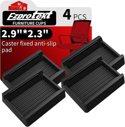 Ezprotekt Rectangle Rubber Caster Cups, 4 Pcs Non Slip Furniture Pads, 2.9" x 2.3" Anti-Slip Furniture Gripper, Furniture Stoppers to Prevent Sliding, Wheel Stoppers for Rolling Furniture (Black)
