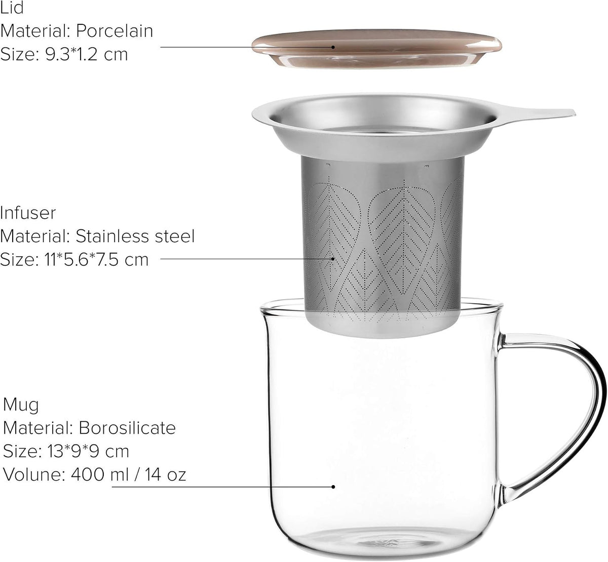 VIVA Minima Balance Glass Tea Cup with Infuser and Lid, 17oz, Clear Bamboo
