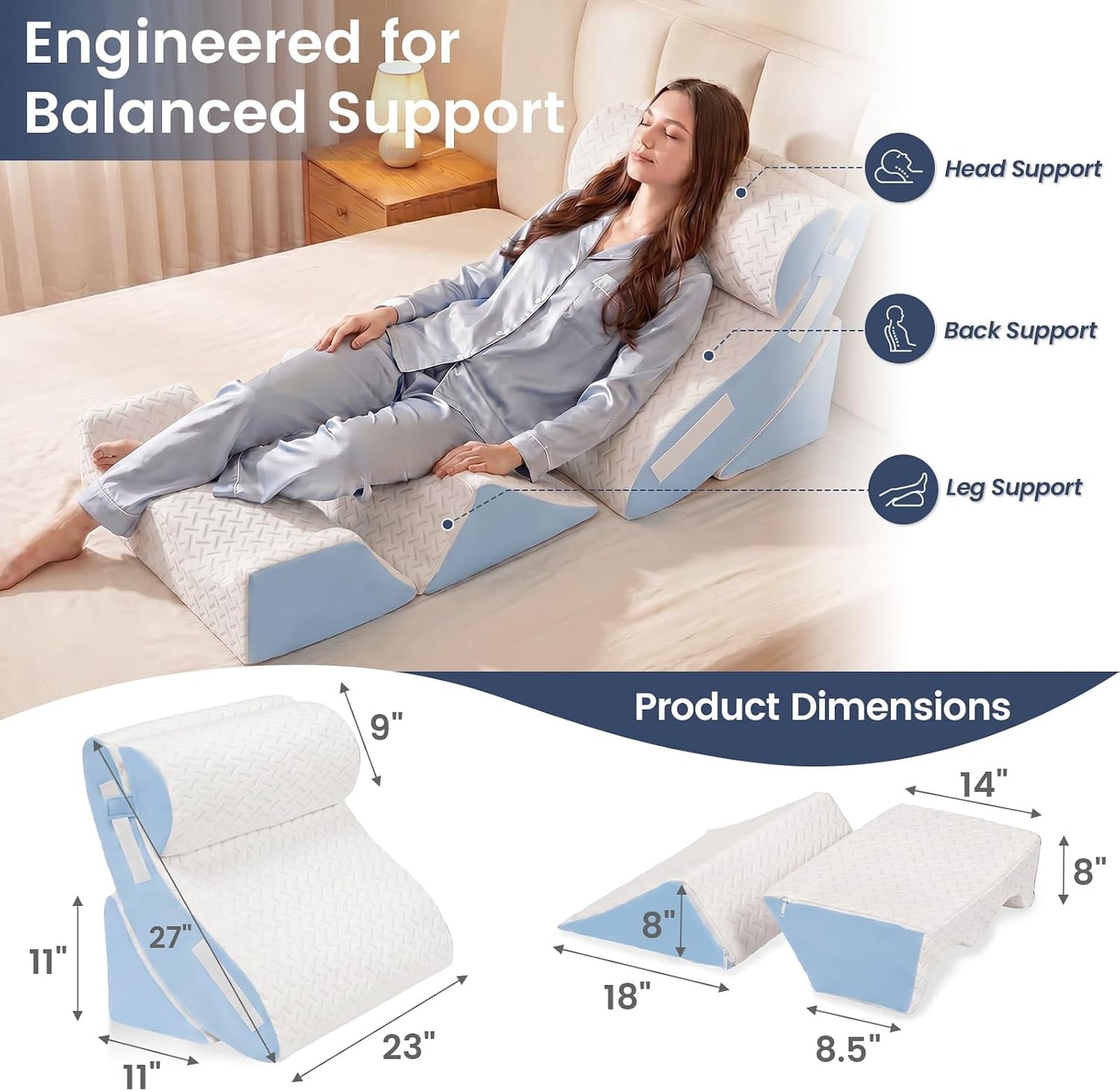 5PCS Wedge Pillow Set for After Surgery, Adjustable Orthopedic Foam Bed Wedge Pillow for Acid Reflux, GERD & Heartburn Relief, Back & Leg Elevation Support for Sleeping & Sitting Up, White Grey