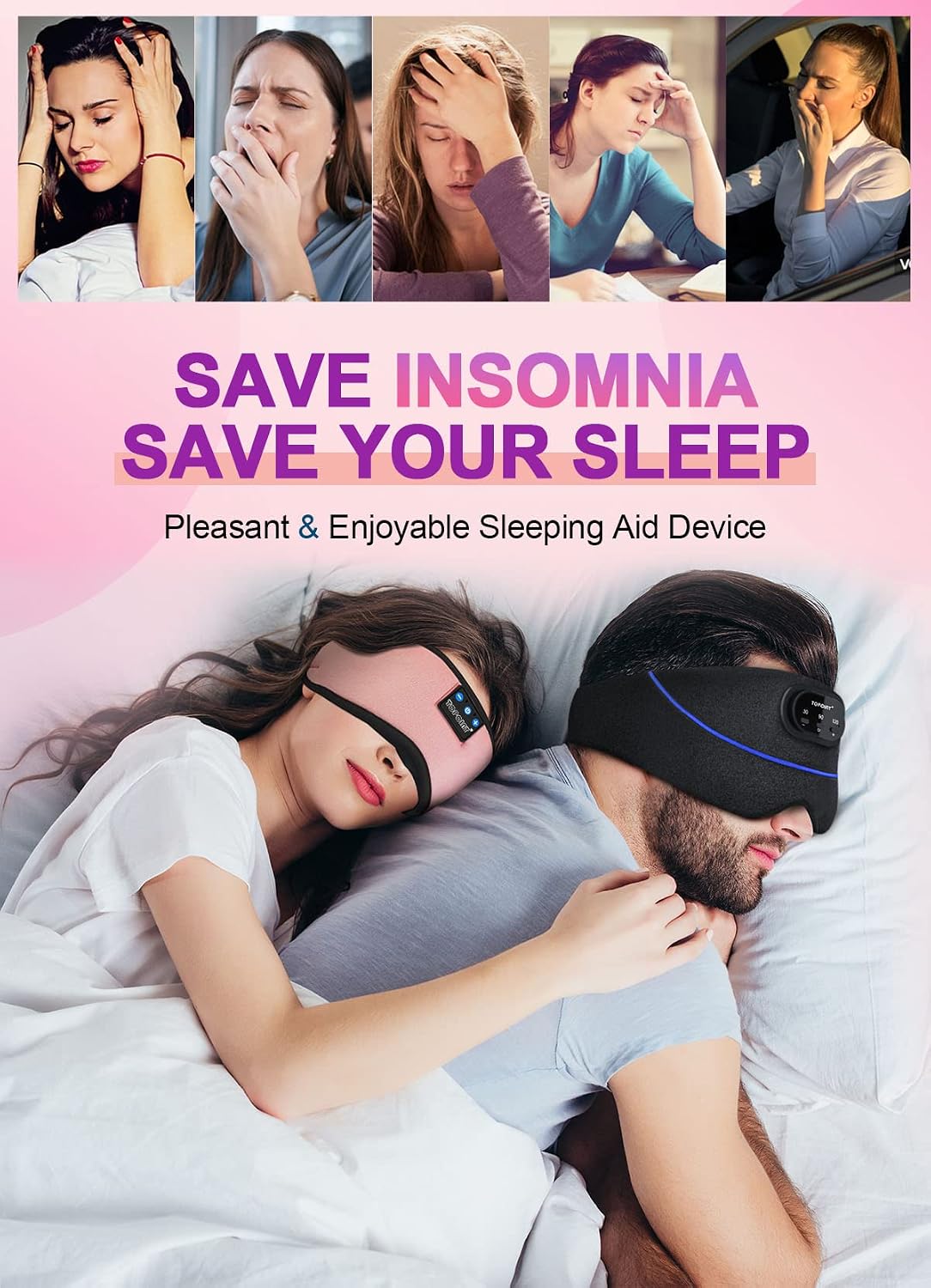 TOPOINT Sleep Mask Headphones Bluetooth Wireless 5.4, Breathable Cotton Eye Mask for Sleeping Side Sleepers Travel Music Headsets with Microphone Handsfree Men Women