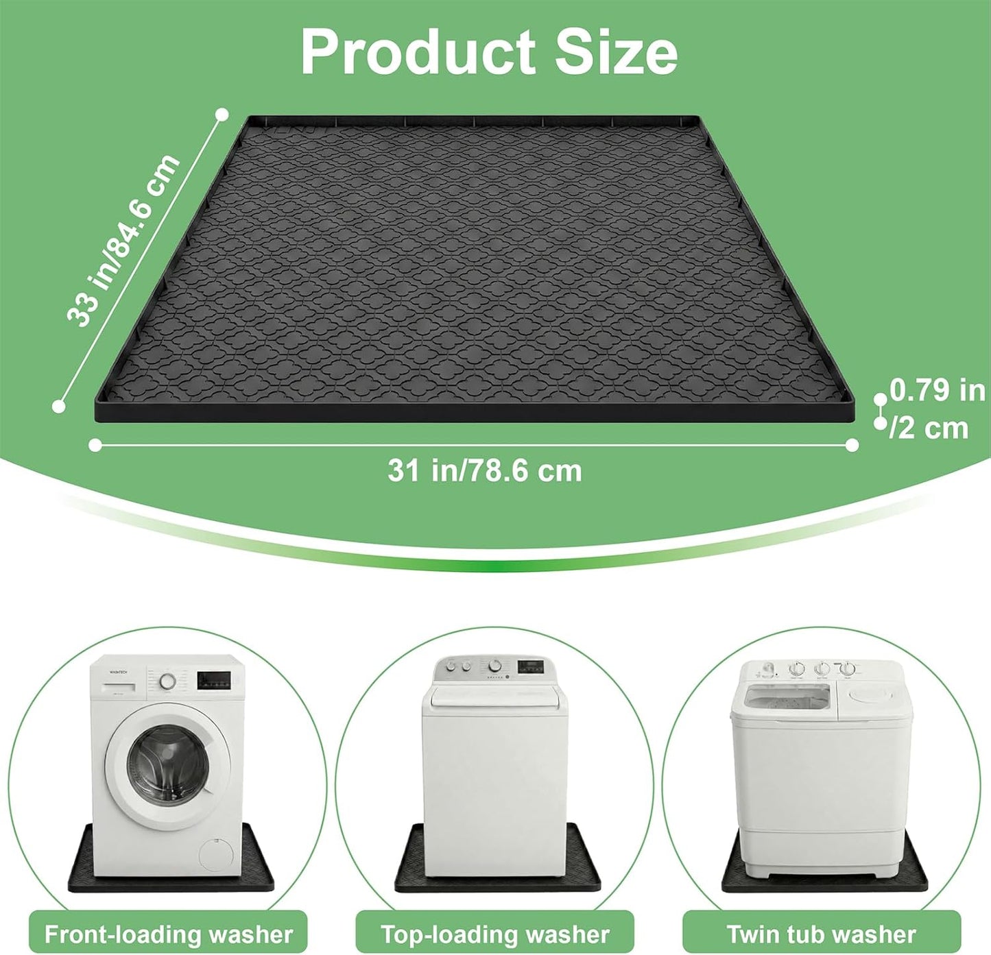 33 x 31 Inch Washing Machine Drain Pan, Silicone Washer Pan, Grey | 2cm Raised Waterproof Edge, Washer and Dryer Mat for Floor Protection, Fits Standard & Large Washers Up to 5.0 Cu.Ft.