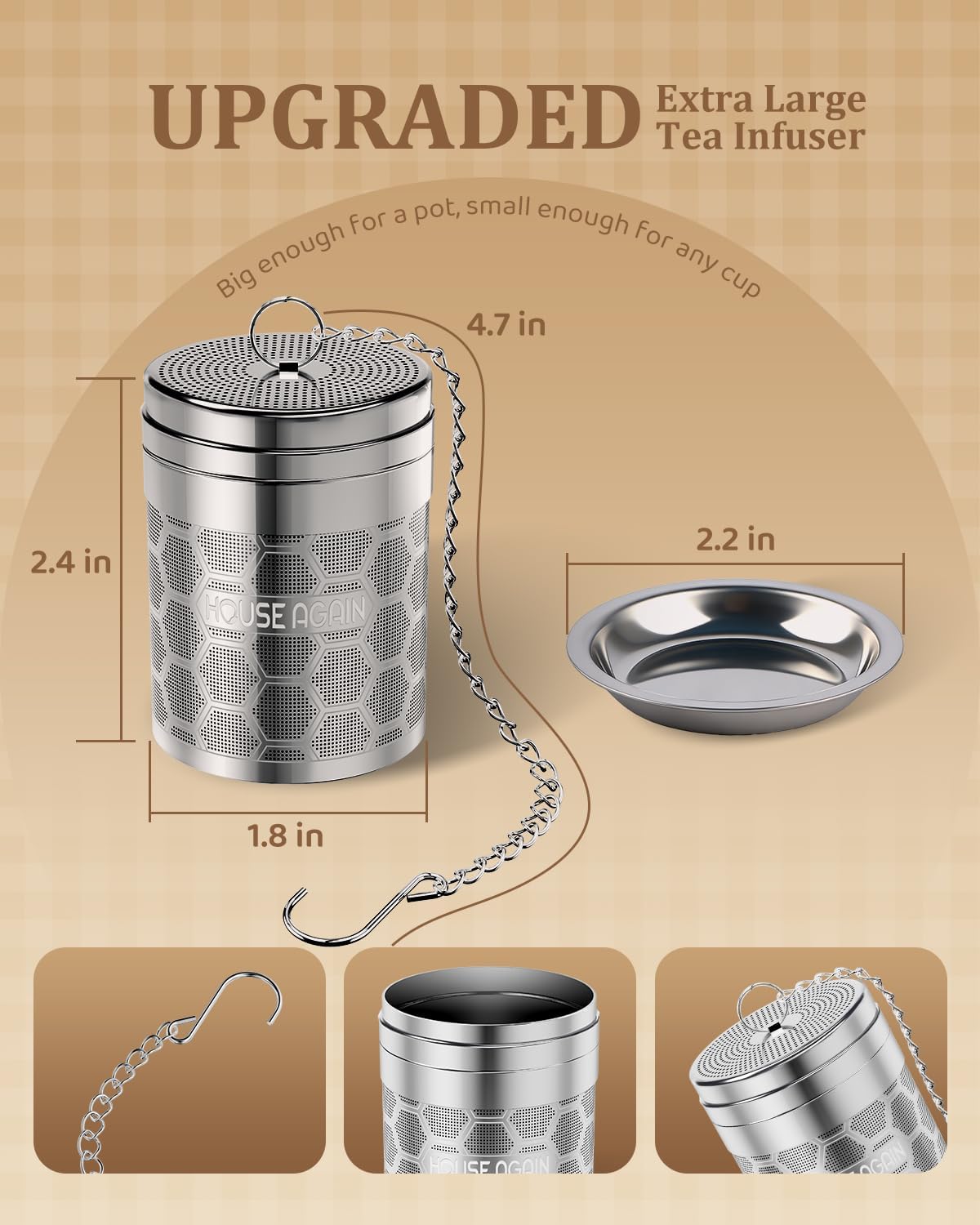 House Again Tea Infusers, Extra Fine Mesh Tea Strainers for Loose Tea, Updated Slim Threaded Lid & 304 Stainless Steel, Filter Bags Diffusers, Loose Leaf Tea Steeper for Brew Tea Spices & Seasonings