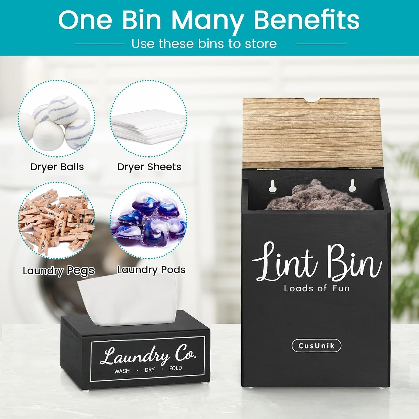 Magnetic Lint Bin and Dryer Sheet Holder Set for Laundry Room Organization | Wall Mounted Laundry Organization and Storage,Wooden Lint Trash Can with Lid and dryer sheet dispenser,Laundry Room Trash Can