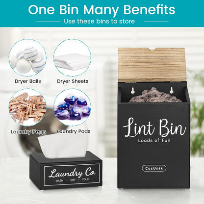 Magnetic Lint Bin and Dryer Sheet Holder Set for Laundry Room Organization | Wall Mounted Laundry Organization and Storage,Wooden Lint Trash Can with Lid and dryer sheet dispenser,Laundry Room Trash Can
