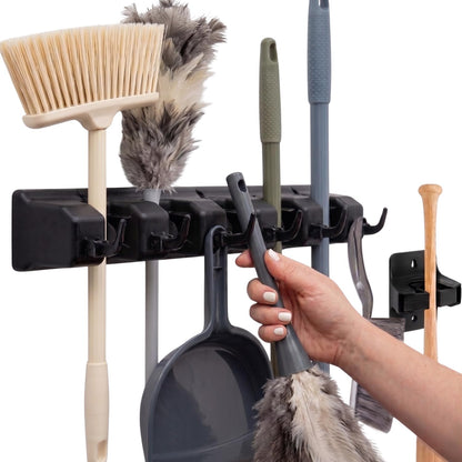 Broom Holder Wall Mount, Broom and Mop Organizer Wall Hanging Rack & Hanger | (Black) Broom Hanger Wall Mount, Mop and Broom Holder Wall Mount, Mop Holder, Hanger for Brooms and Mops, 5 Slots 6 Hooks