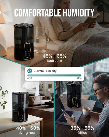Humidifiers for Bedroom Large Room,1.06Gal(4L) Dishwasher Safe Design,Top Fill,Cool Mist,Humidity Control,Night Light,Aroma Diffuser,12H Timer,Sleep Mode,3 Level Mist,360° Nozzle,Black