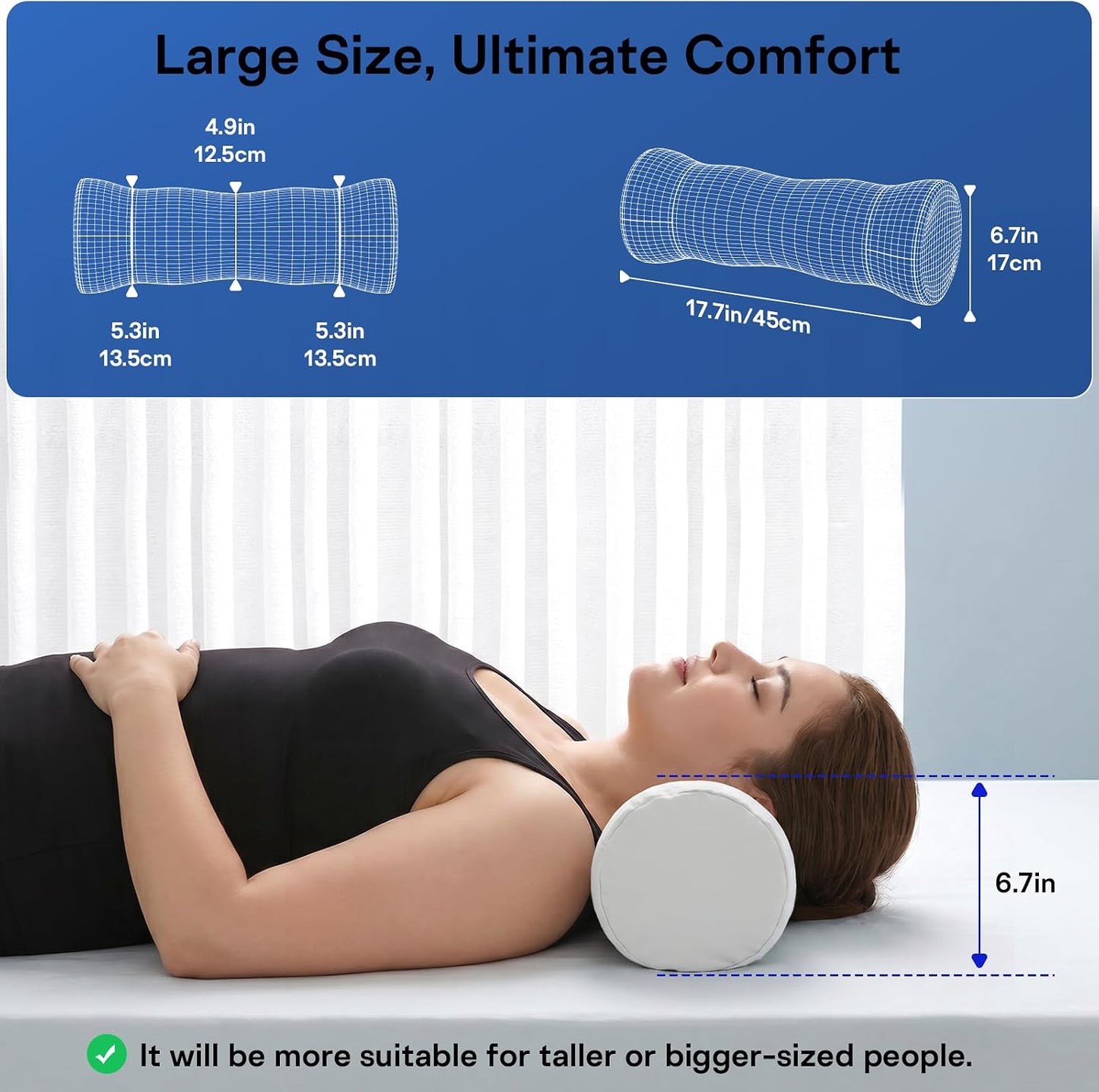 Neck Roll Pillow - Cooling Cover Round Neck Pillow for Sleeping - Memory Foam Cervical Support Pillow - Ergonomic Cylinder Pillows for Neck, Leg, Back, Yoga, Relaxing (Grey Blue)