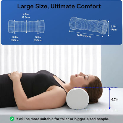 Neck Roll Pillow - Cooling Cover Round Neck Pillow for Sleeping - Memory Foam Cervical Support Pillow - Ergonomic Cylinder Pillows for Neck, Leg, Back, Yoga, Relaxing (Grey Blue)