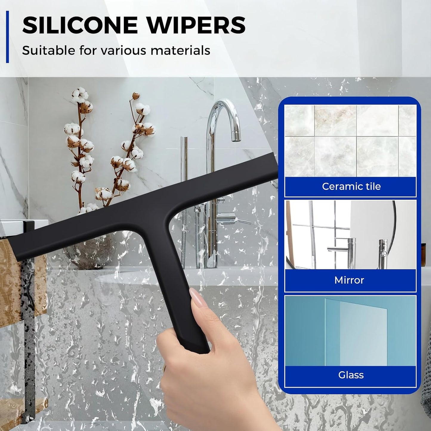 wlich 10" Shower Squeegee, Silicone Shower Wiper for Glass Doors, Black | One-Piece No-Drill Design, Flexible Silicone Squeegee for Window Cleaning, Streak-Free Cleaning Bathroom, Easy Installation