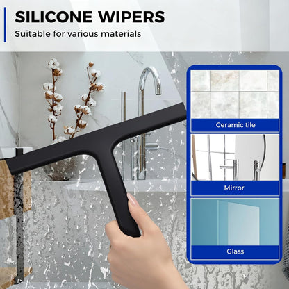 wlich 10" Shower Squeegee, Silicone Shower Wiper for Glass Doors, Black | One-Piece No-Drill Design, Flexible Silicone Squeegee for Window Cleaning, Streak-Free Cleaning Bathroom, Easy Installation