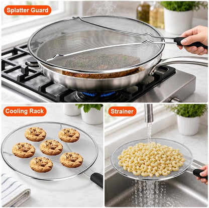 Splatter Screen for Frying Pan 13 Inch - Stainless Steel Grease Splatter Guard - Oil Splash Guard & Fine Mesh Cover for Cooking Bacon, Fried Chicken & Popcorn