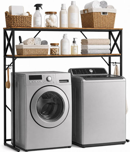 Laundry Over The Washer and Dryer Storage Shelf, 2 Tiers Laundry Room Freestanding Shelf with Adjustable Shelves, Double Layer Organizer for Top Load and Front Load Washers Dryers
