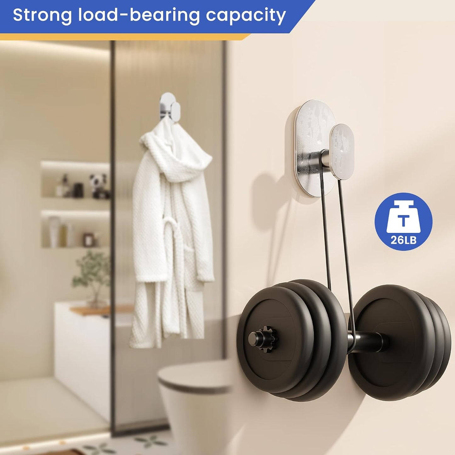 Aikzik Adhesive Towel Hooks - 4 Pack 26LB Extra Strong Heavy Duty Wall Hooks for Bathroom/Shower Door Hanging Coat, Robe, Towel, Dogs' Leads and Collars (Matte Black, Stainless Steel)