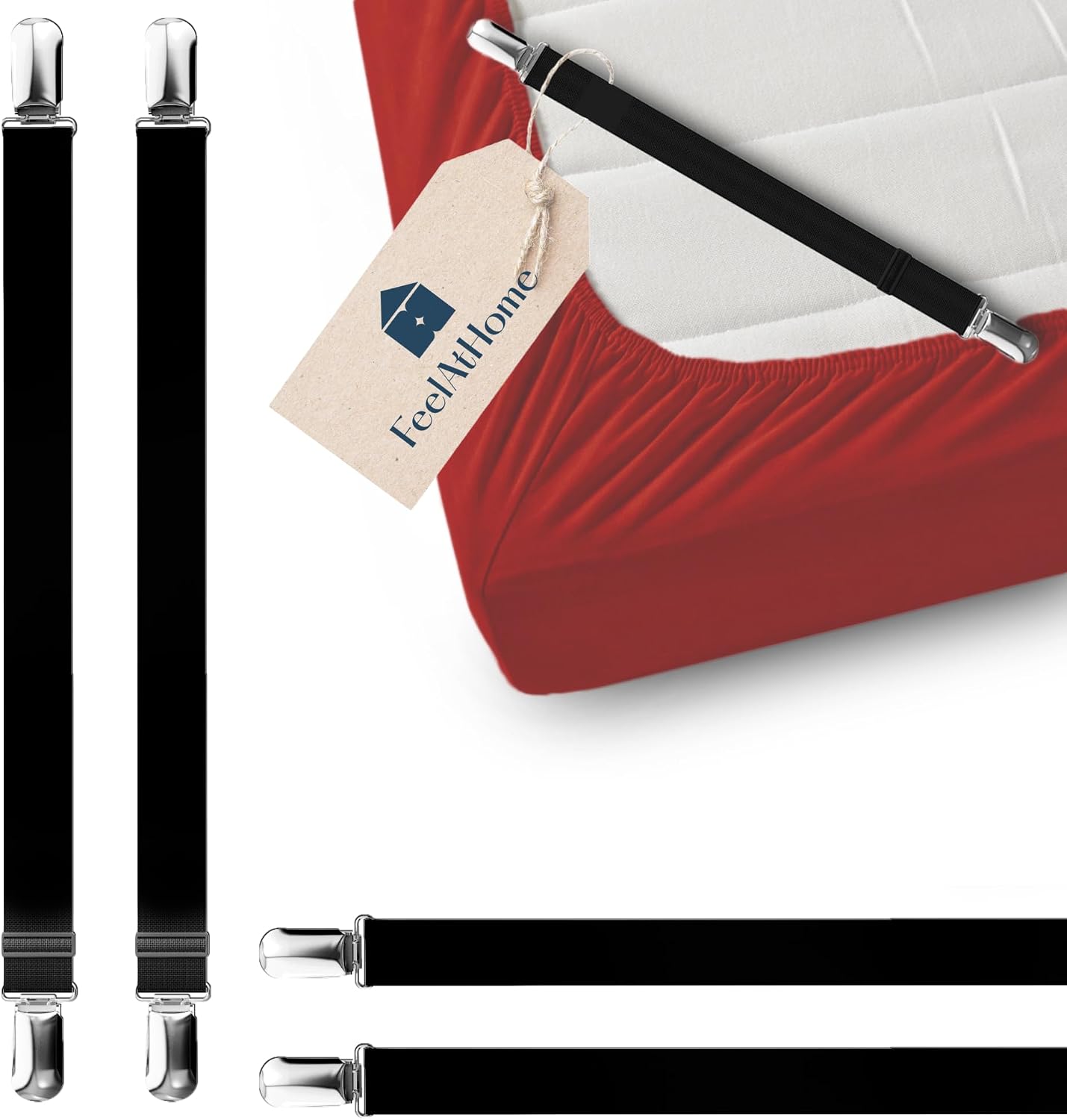 FeelAtHome Adjustable Bed Sheet Clips & Corner Fasteners, 4 Pack, White | Heavy Duty Elastic Straps Keep Fitted Sheets Securely in Place. Ideal Corner Holders for Twin, Queen, King, RV & Bunk Beds