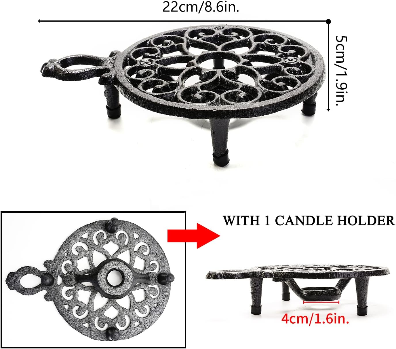 Sungmor Cast Iron Teapot Warmer - Rustic Design with Tealight Holder | Heavy Duty & Decorative Candle Holder Stands for Heat Food Coffee Milk or Tea