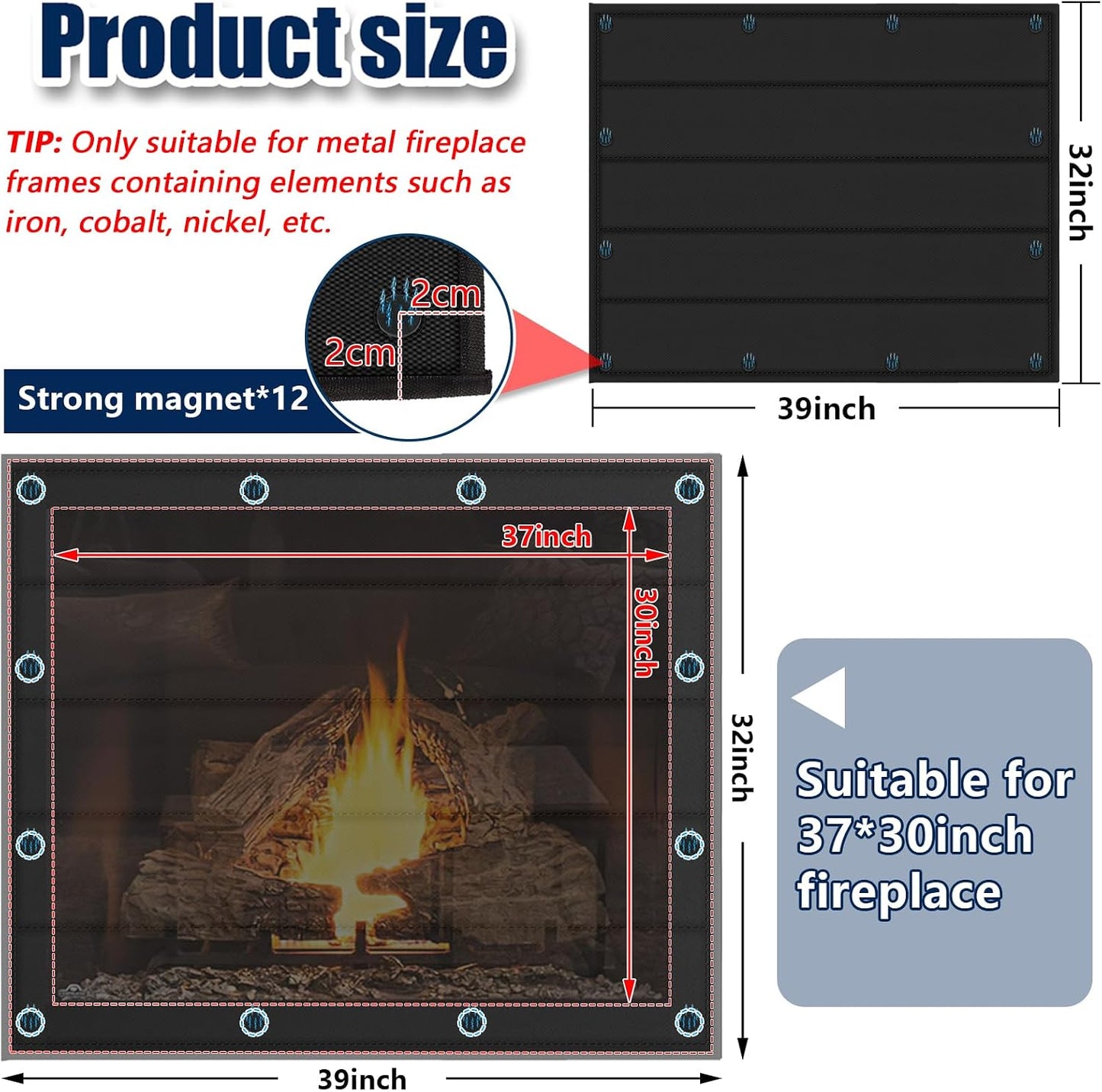 Magnetic Fireplace Cover 39"x32" Fireplace Draft Stopper Blocker Indoor | Fire Place Cover with Built-in 12 Strong Magnet for Iron Fireplace Frame Fireplace Screen