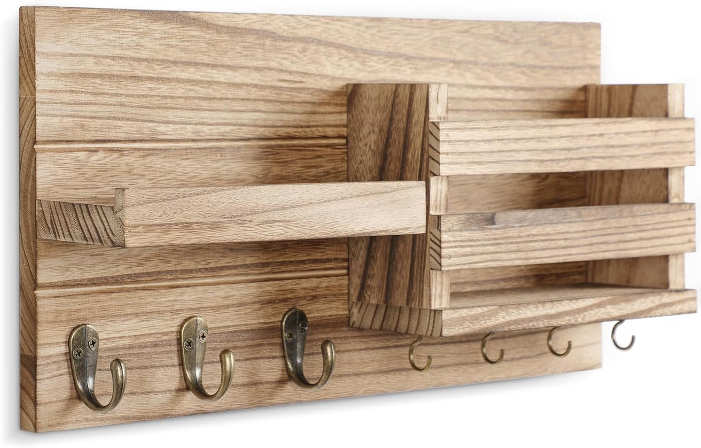 Lwenki Mail Organizer for Wall Mount – Key Holder with Shelf Includes Letter Holder and Hooks for Coats, Dog Leashes – Rustic Wood with Flush Mounting Hardware (16.5” x 8.7” x 3.5”)