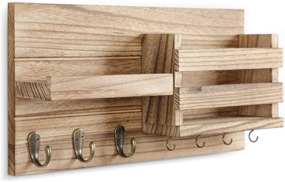 Lwenki Mail Organizer for Wall Mount – Key Holder with Shelf Includes Letter Holder and Hooks for Coats, Dog Leashes – Rustic Wood with Flush Mounting Hardware (16.5” x 8.7” x 3.5”)