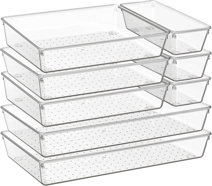 6 Pack Large Clear Plastic Drawer Organizer Trays, Acrylic Kitchen Drawer Organization and Storage Dividers, Non-Slip Storage Bins for Makeup, Kitchen Utensils, Bathroom, Jewelries and Office Desk