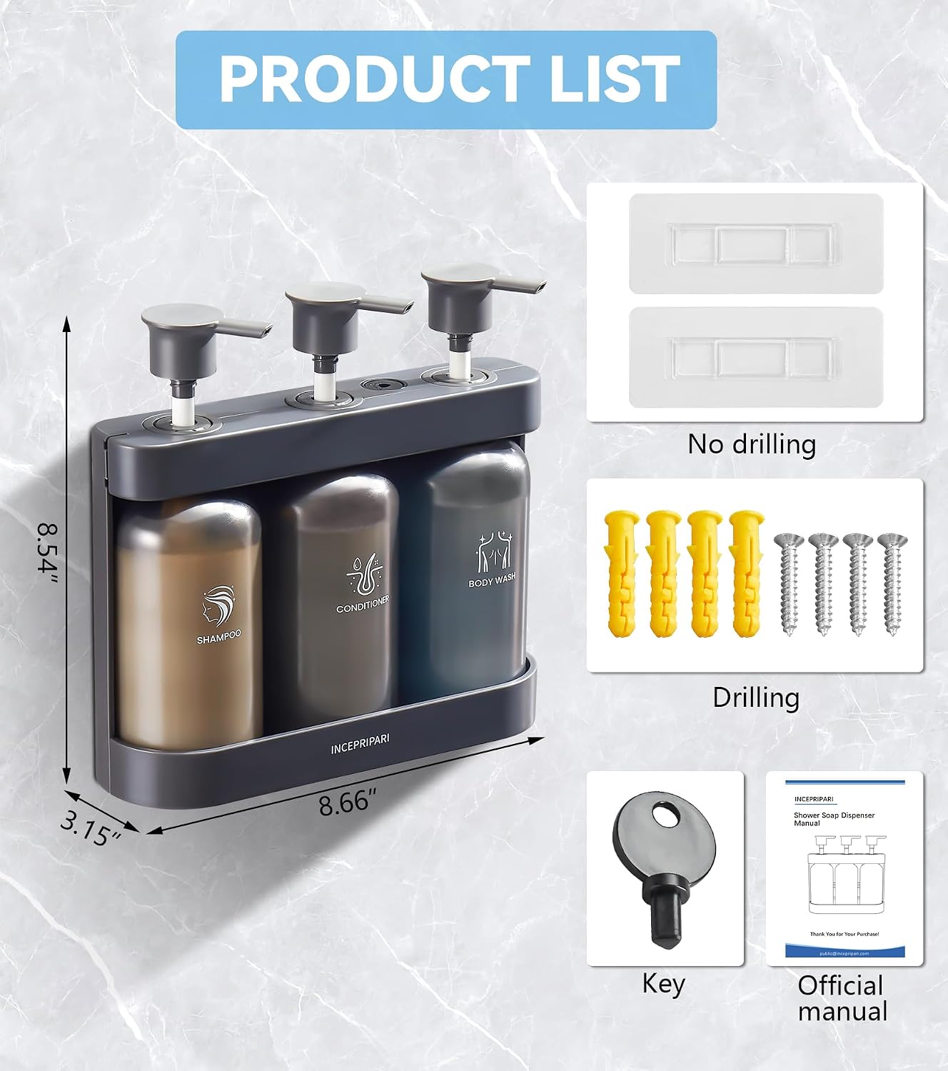 Shampoo Dispense for Shower, Shower Soap Dispenser Wall Mounted, Shower Dispenser 3 Chamber No Drill, Shampoo and Conditioner Dispenser for Bathroom Hotel, Shower Shampoo Dispenser 3 Chamber, Black