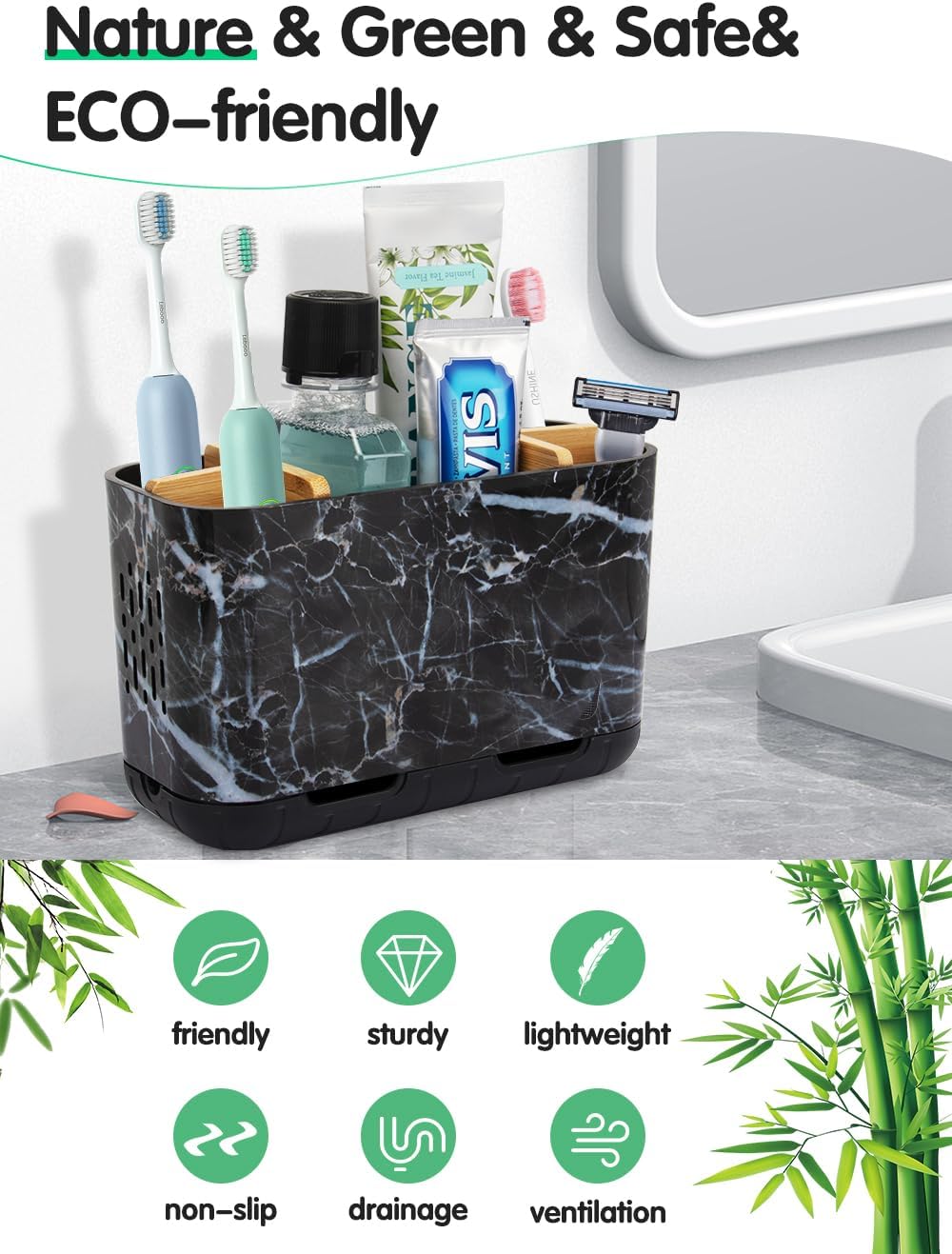 GFWARE Toothbrush Holders for Bathrooms - Bamboo Divider Toothbrush and Toothpaste Holder with Drainage, Kids Electric Toothbrush Organizer for Bathroom Countertop, White Tooth Brush Holder | 5 Slots Toothbrush and Toothpaste Holder with Bamboo Divider,