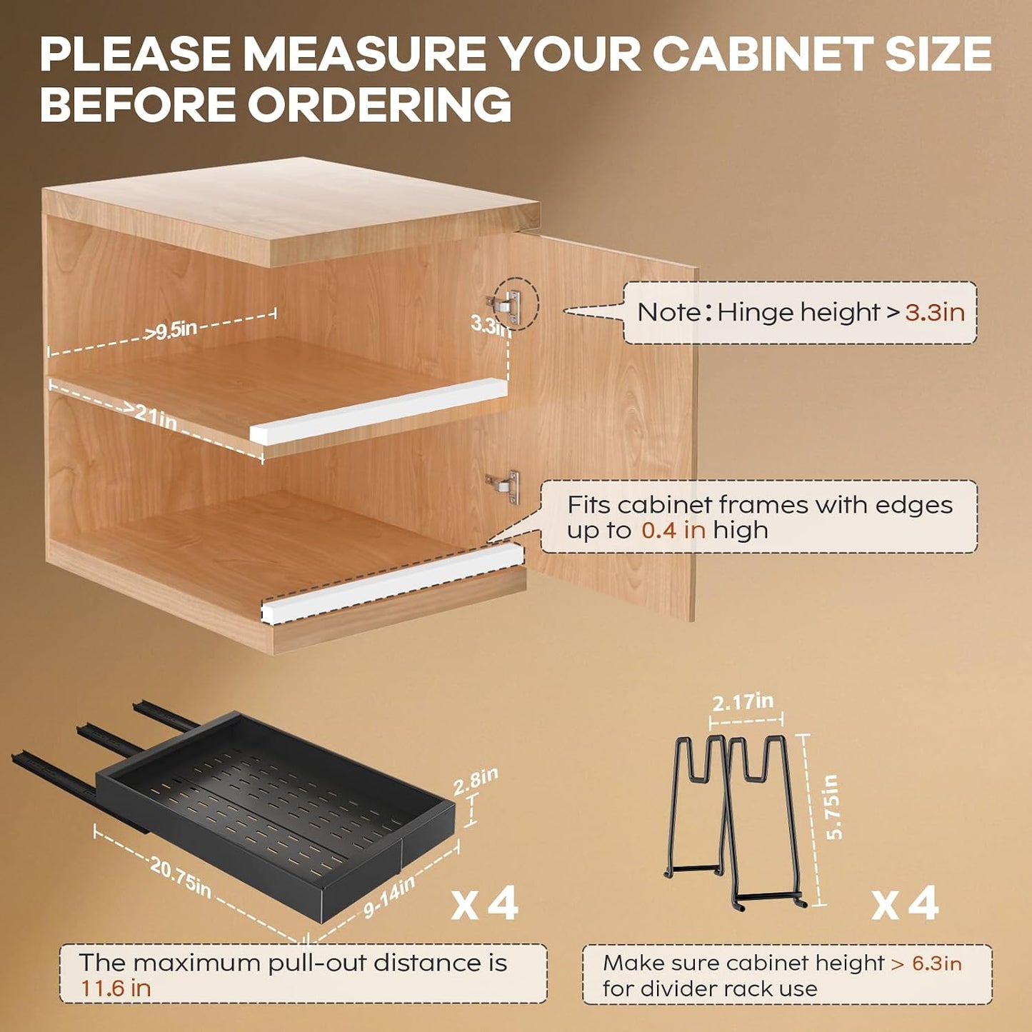 Seinloes 2Pack Pull out Cabinet Organizer 21"Deep with 4 Adjustable Dividers,Expandable（12.1"-20.4"W） Pots and Pans Organizer Under Cabinet with Raising Pad for Framed Cabinets,Slide out Drawers,White