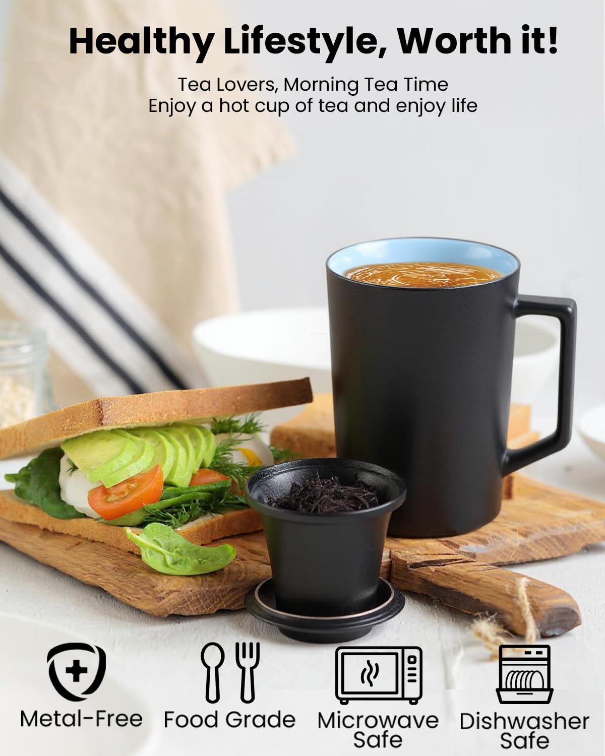 15 oz Ceramic Tea Infuser Cup with Lid - Tea Mug with All Porcelain Strainer for Loose Leaf Teas,Microwave and Dishwasher Safe,Metal-Free,BPA-Free for Tea Lovers/Birthday (Black)