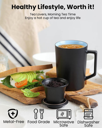 15 oz Ceramic Tea Infuser Cup with Lid - Tea Mug with All Porcelain Strainer for Loose Leaf Teas,Microwave and Dishwasher Safe,Metal-Free,BPA-Free for Tea Lovers/Birthday (Black)