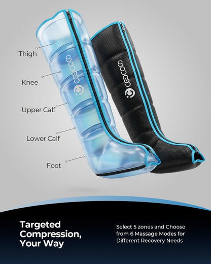 Cordless Leg Compression Massager with 12 Levels for Circulation | 3500mAh air compression boots for foot, calf & knee, 5-zone targeting, 4 timers, 6 modes, pain/edema relief, fit 30-in thighs