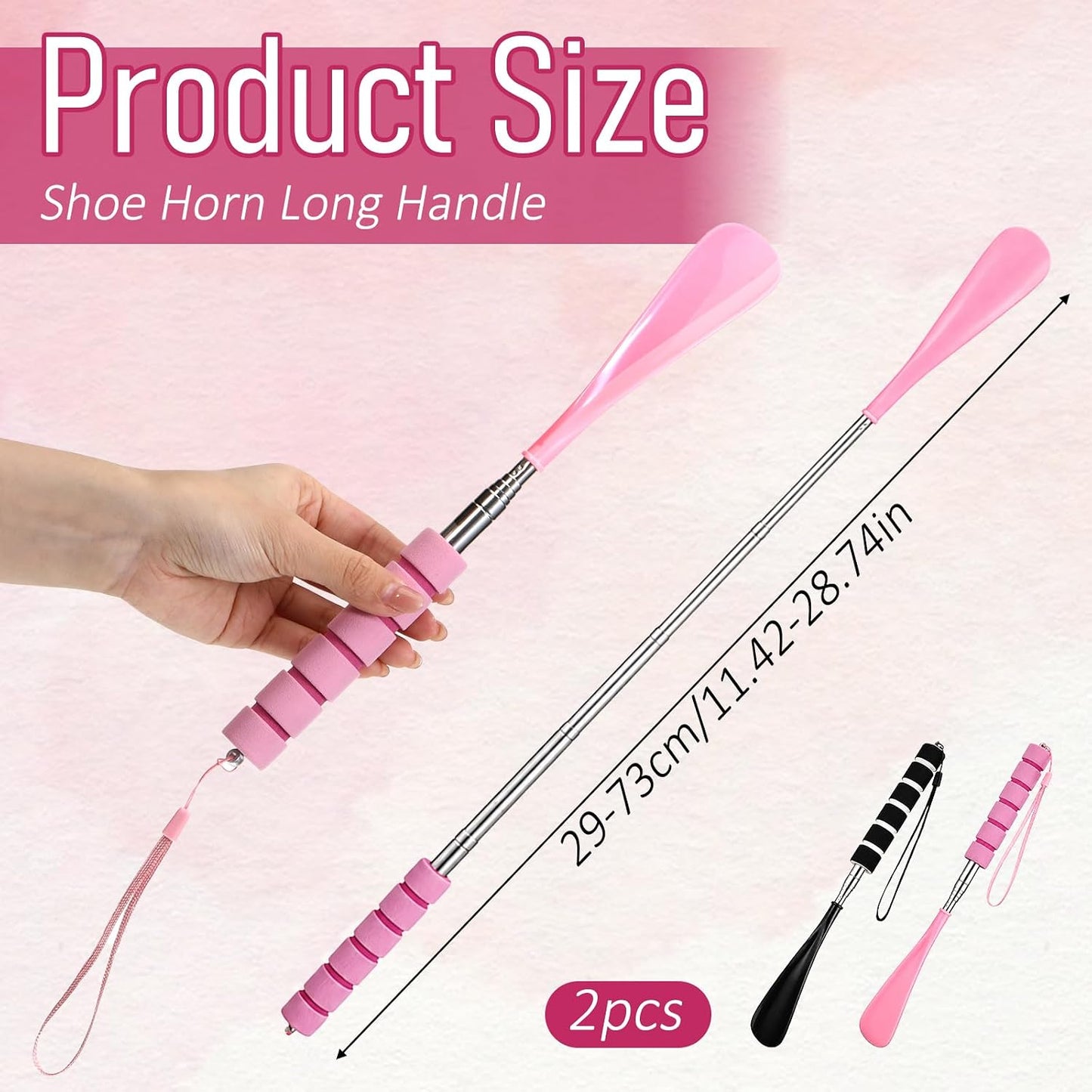 2Pcs Shoe Horn Long Handle for Seniors, Retractable Shoe Horn | Foldable Shoes Puller Shoehorn Pregnant Extended Boot Horns for Cowboy Boots Adjustable Travel Shoes Helper(Black/Pink)