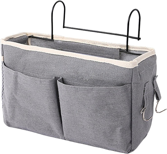Bedside Caddy, Large Capacity Hanging Bedside Organizer with Side Hooks and 2 Pockets,Durable Versatile Bedside Caddy for Dorm Bed Phone Hospital College Magazine Remote Control Laptop Books (Grey)