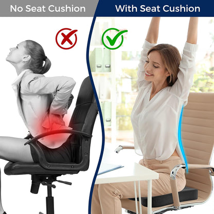 Seat Cushion for Office Chair, Ergonomic Memory Foam Seat Cushion for Long Sitting and Driving, Tailbone Relief Cushion for Office Chairs and Car Seats, Non-Slip Bottom, Washable Cover, Black