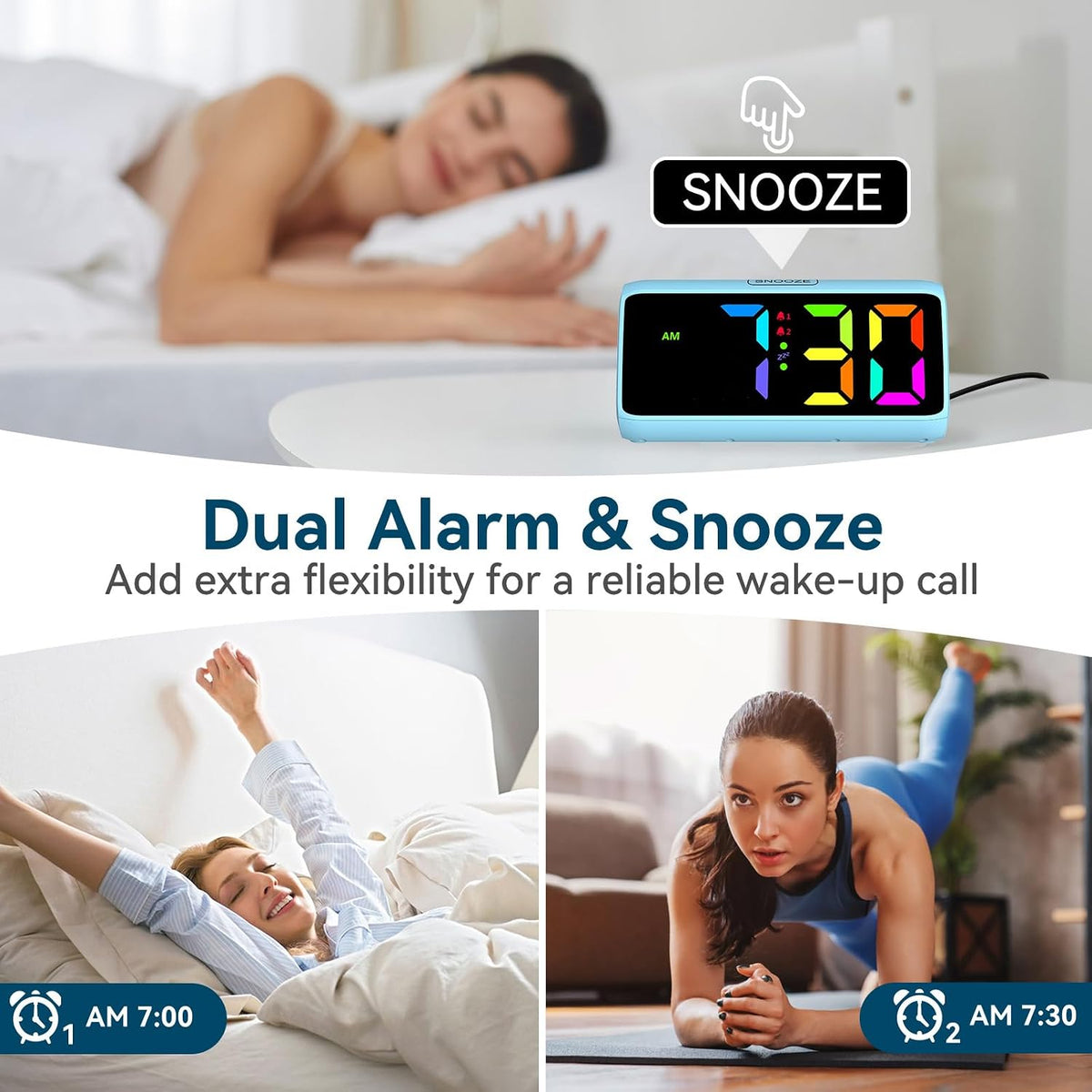 Netzu Loud Alarm Clock for Heavy Sleepers, RGB Alarm Clocks for Bedrooms Seniors Kids, Plug in Digital Clock with 5 Dimmers, 2 Alarms, 4 Volumes and Snooze