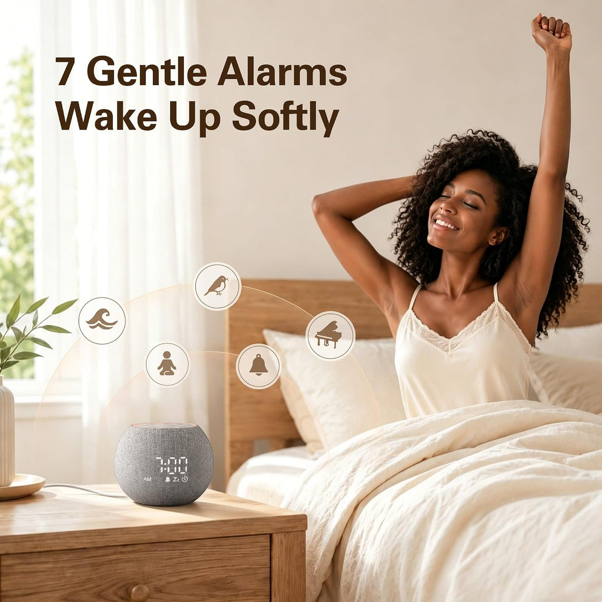 Zarler Sound Machine Alarm Clocks for Bedrooms, White Noise Machine 25 Soothing Sounds for Light Sleepers, 7 Gentle Alarms for Wake Up, 0-100% Dimmable Display, Warm Night Light, 4H Auto-Off Timer