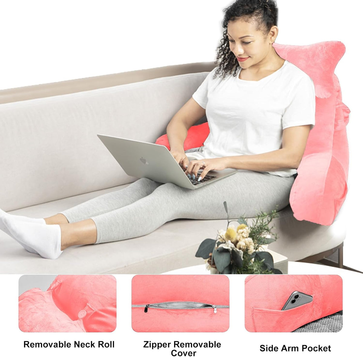 SLIGUY Reading Pillow for Sitting in Bed Couch Adult, Back Pillow with arm Support and Pockets, Adult Back Pillow Bed Chair for Bed Rest, Reading, Watching TV, Gaming for Boys and Girls Dark Grey