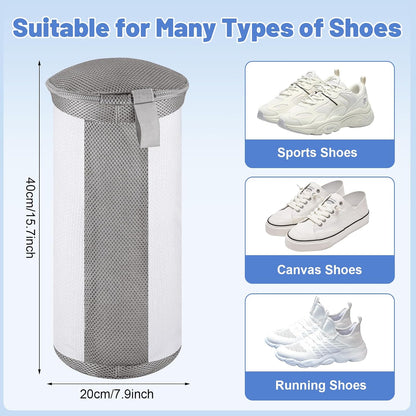2 PCS Shoe Washing Machine Bags for Washer and Dryer, Grey + White | Reusable Laundry Shoe Bag, Hands Free, Hidden Self-locking Zipper, 360° Deep Cleaning, For Sneakers and All Shoes Types