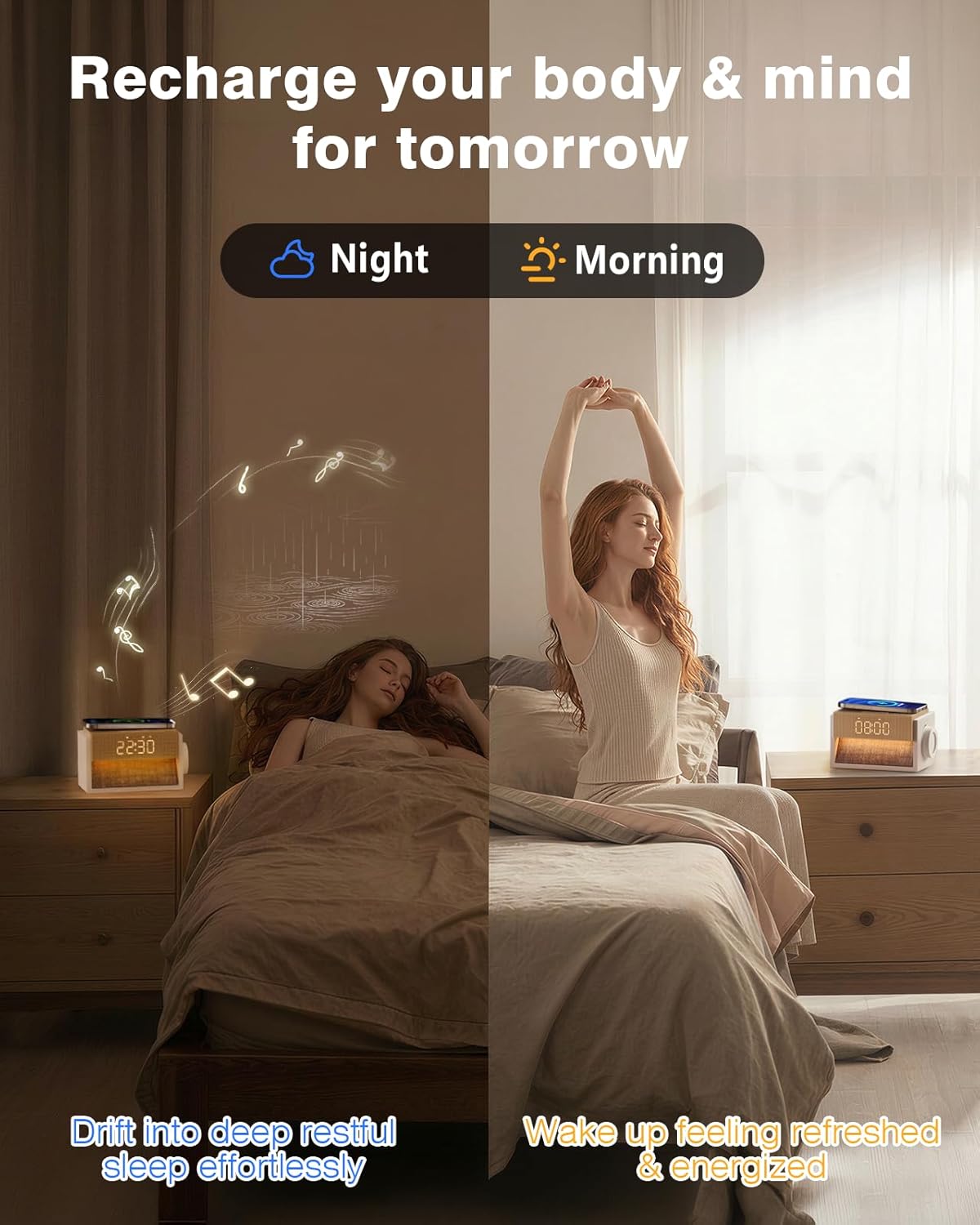 Sunrise Alarm Clock with Sound Machine, Bedroom Clock with Wireless Charger & 20 Soothing White Noise, Wake Up Sunlight Simulator for Adults