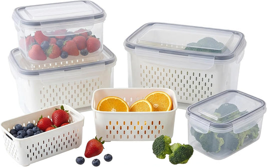 Fruit Storage Containers for Fridge, 4-Pack Fruit Containers for Fridge with Removable Colander - Airtight BPA-Free Produce Keeper, Keeps Berries Fresh 2 Weeks, Stackable Produce Storage