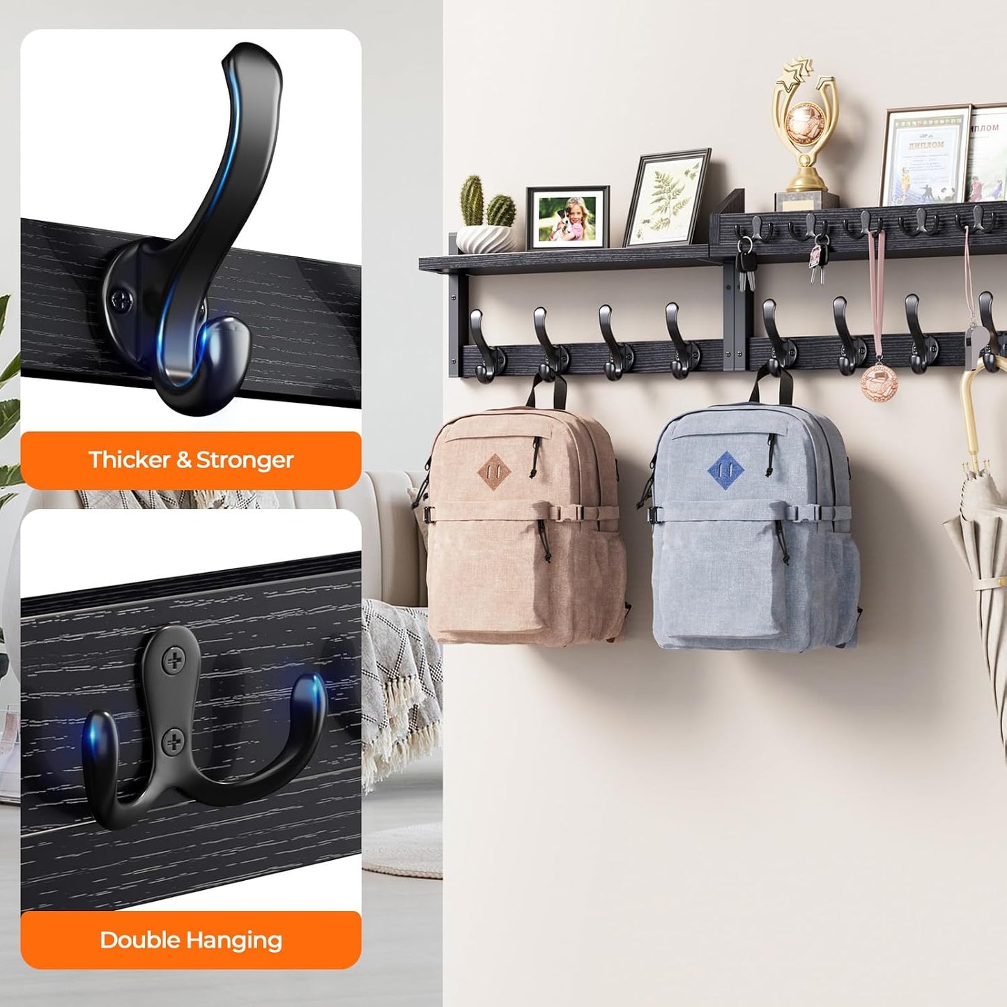 Evermagin 29" Coat Rack Wall Mount with Shelf for Entryway, Rustic Brown | Wall Mounted Coat and Key Rack with Hooks, Key Holder with Mail Organizer for Wall, Living Room, Mudroom, Bedroom