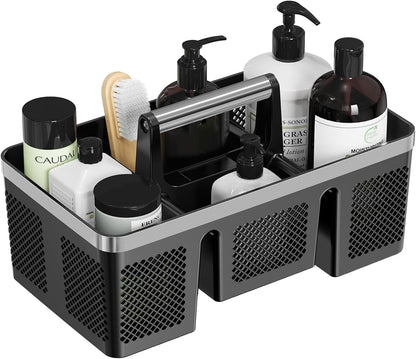 BYUNER Portable Cleaning & Shower Caddy with Handle: Rigid Plastic Basket with 4 Divided Compartments, All-Side Drainage for College Dorm, Bathroom & Utility Use, Black/Gold
